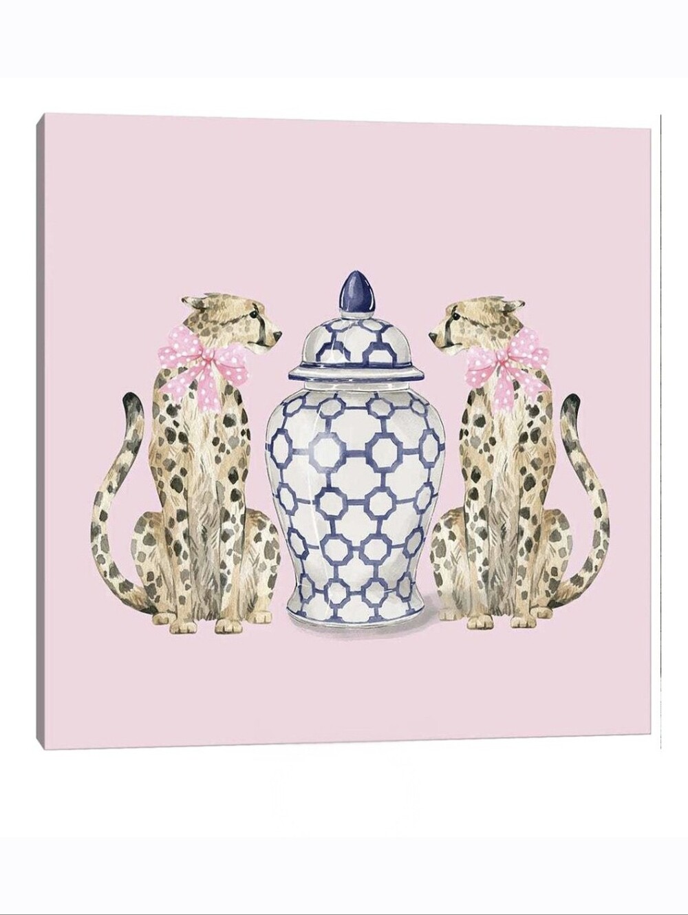 iCANVAS - GREEN ORCHID BOUTIQUE Chinoiserie Cheetahs On Pink With Ginger Jar